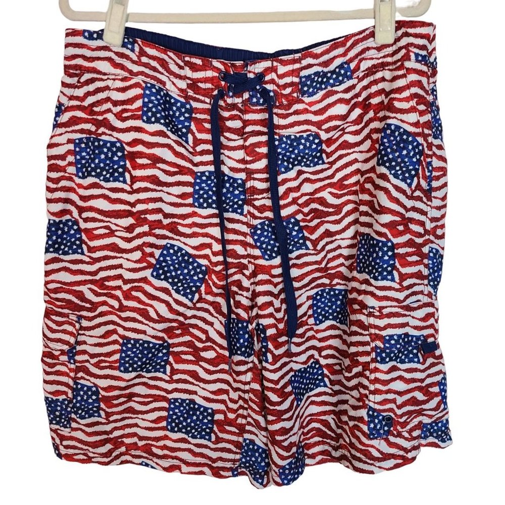 Cabela's Mens XL Red Blue American Flag Patriotic Lace Up Board Short Swim Trunk